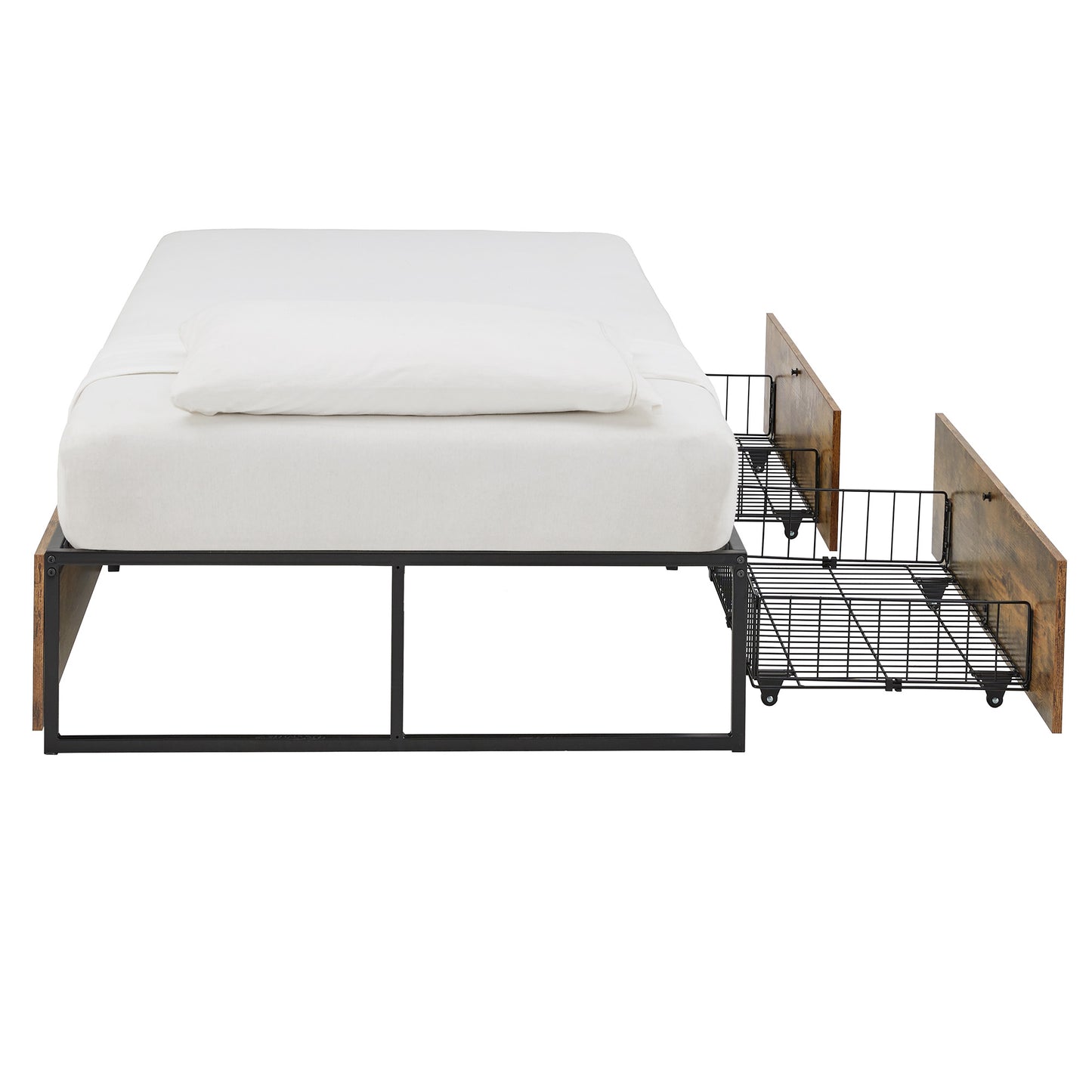 Wood Finish Panel Black Metal Platform Bed with Storage Drawers - Twin Size with 2 Wire Storage Drawers (Twin Size)