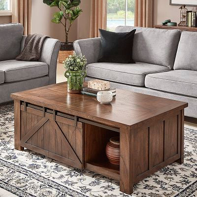 Barn Door Table with Storage - Brown Cherry Finish, End Table and Coffee Table Set