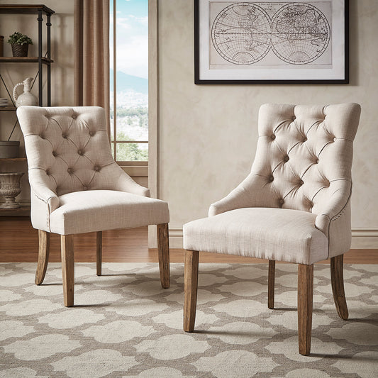 Linen Button Tufted Curved Back Dining Chairs (Set of 2) - Beige Linen