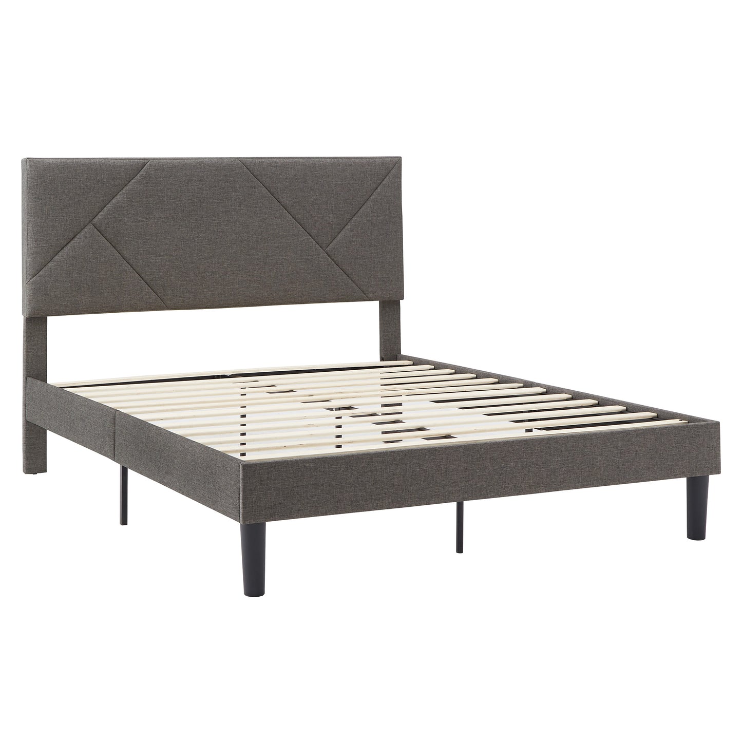 Upholstered Platform Bed with Geometric Headboard - Gray, Queen (Queen Size)