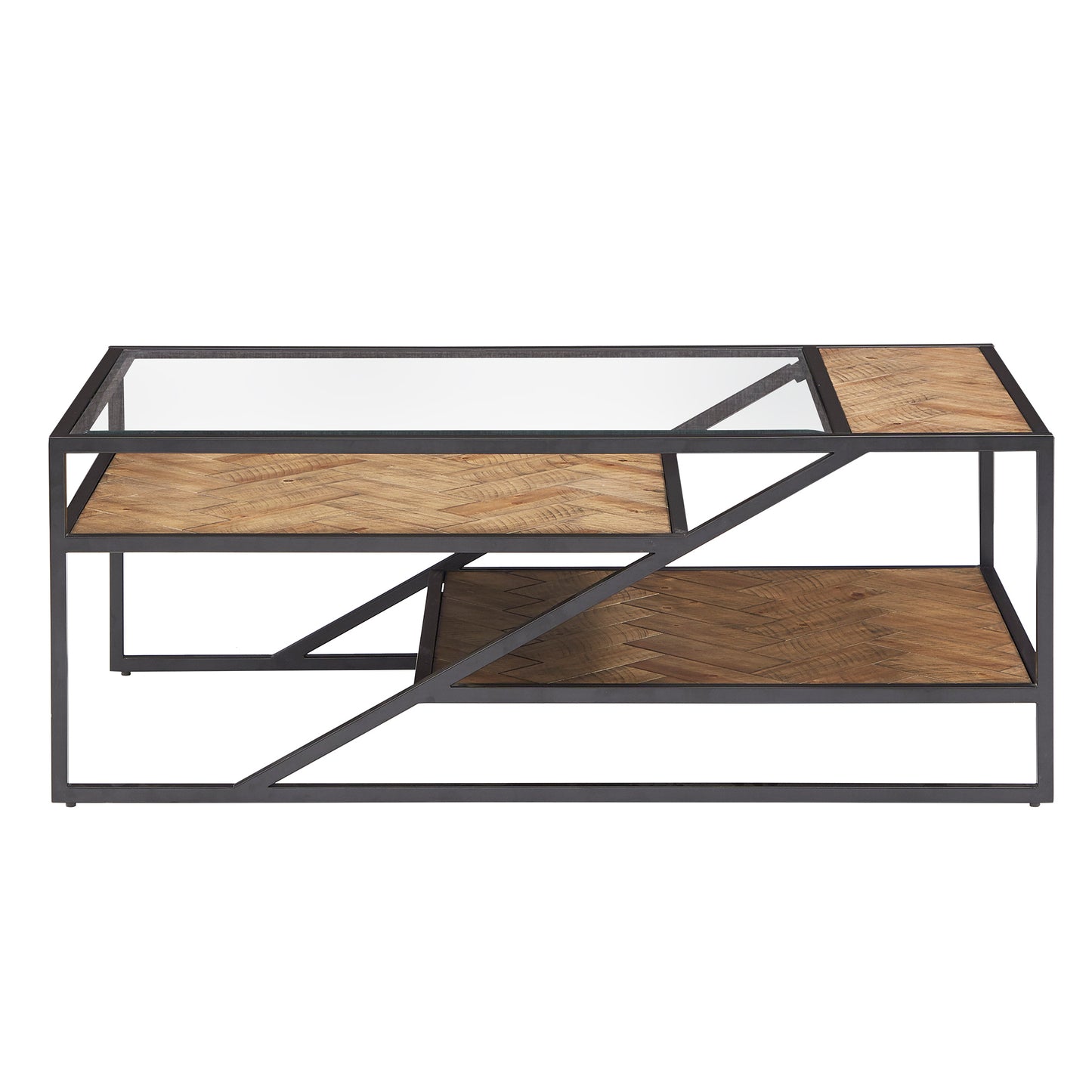 Black Metal Parquet Wood and Glass Tables - Coffee Table Only