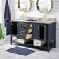 Bathroom Sink Vanity with White Marble Veneer Stone Top - 60", Double Sinks, Navy Blue with Gold Finish Hardware