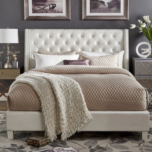 Faux Leather Crystal Tufted Bed - Ivory Faux Leather, King