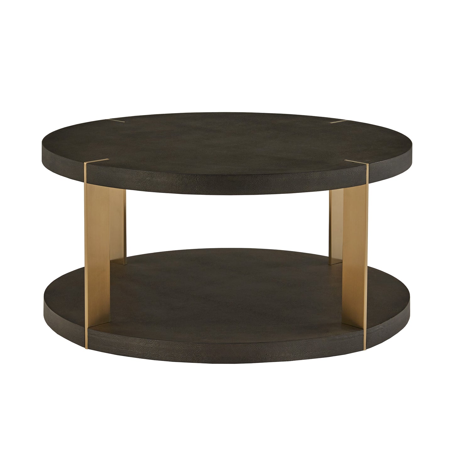 Gold Finish Metal Dark Brown Faux Shagreen Round Table - Dark Brown, Coffee Table