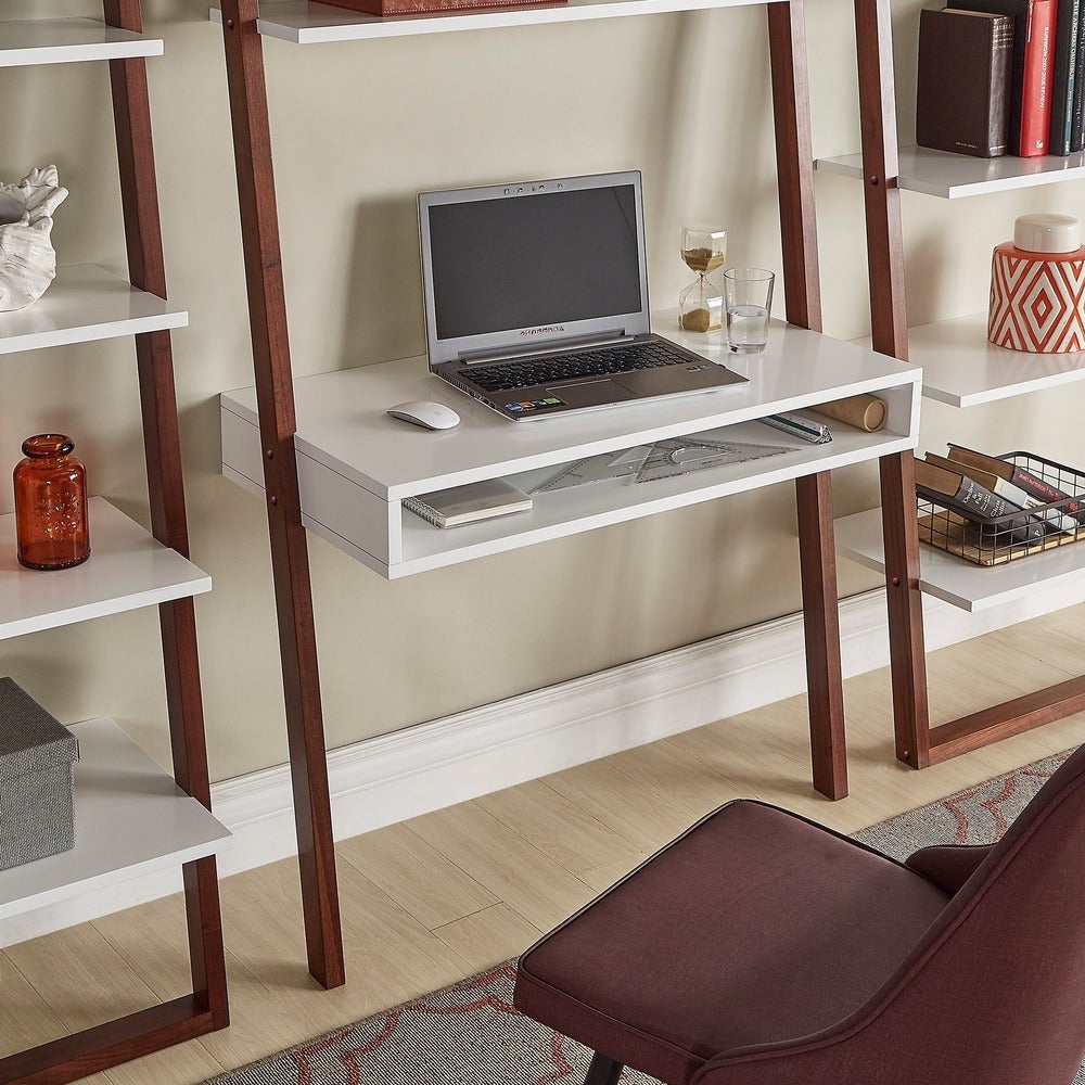 Two-Tone Leaning Ladder Desk and Bookcase Set - Espresso and White Finish, 1 Desk and 2 Ladder Bookcases