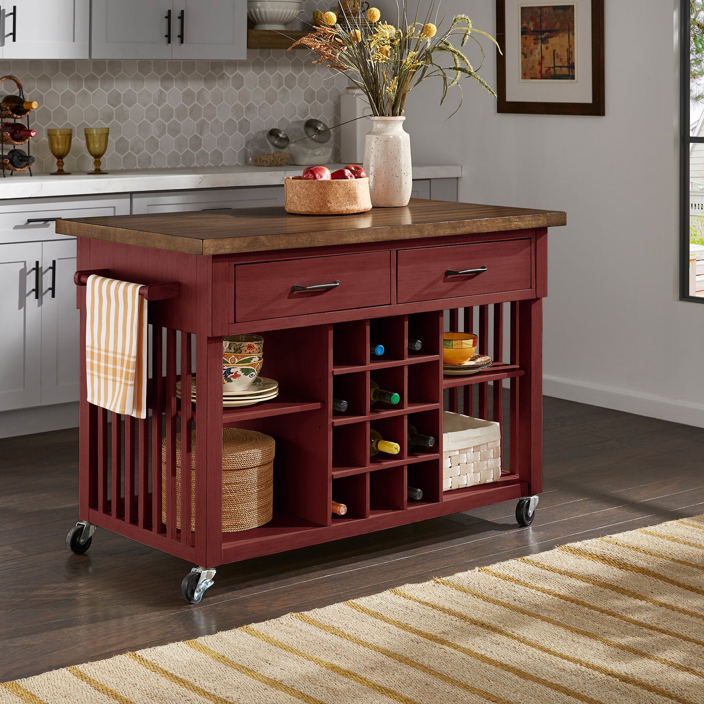 Two-Tone Kitchen Island with Wine Rack - Oak Top with Antique Berry Base