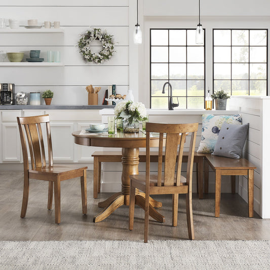 Wood 5-Piece Breakfast Nook Set - Oak Finish, Slat Back, Round Table