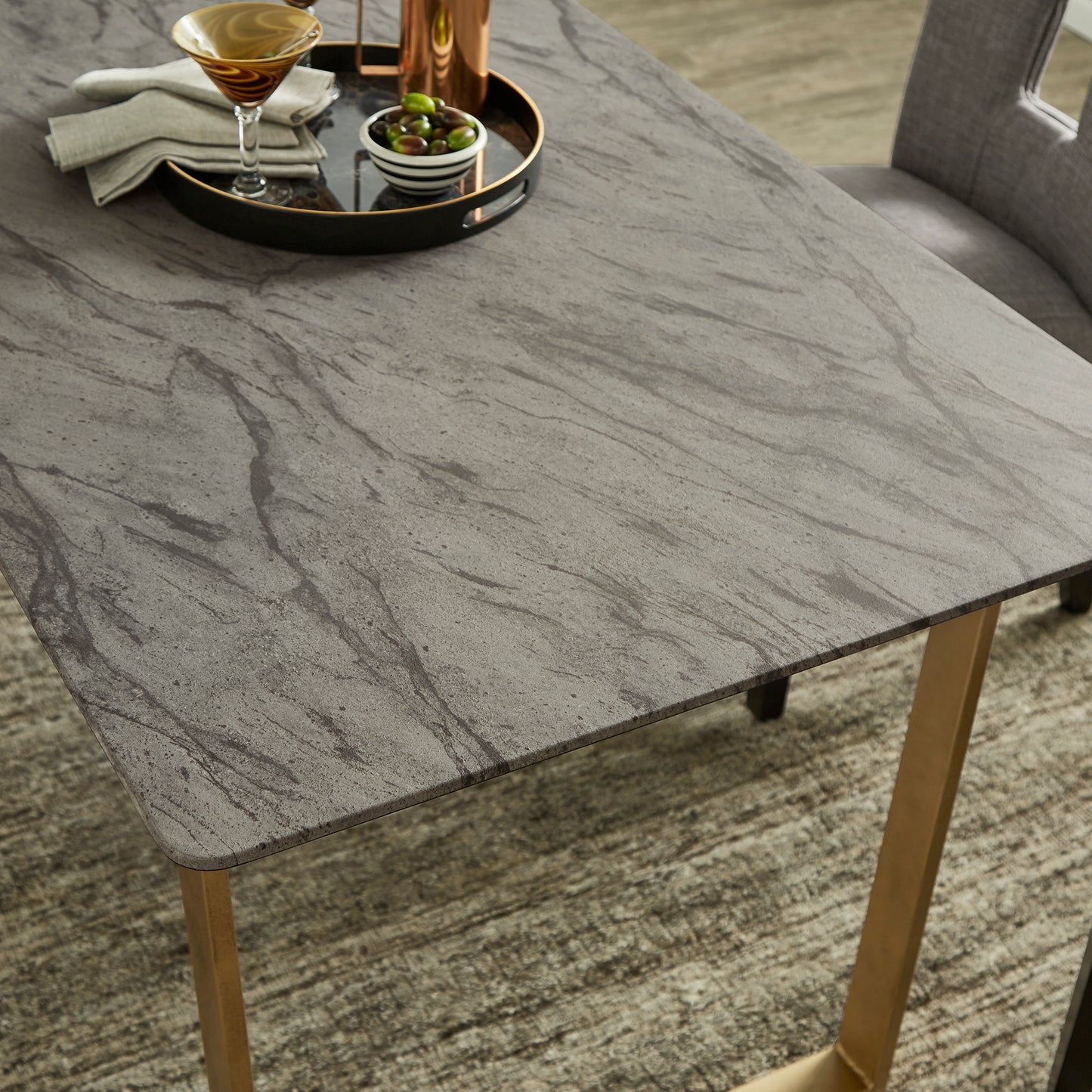 Faux Marble Sled Base Dining Table - Grey Top with Gold Finish