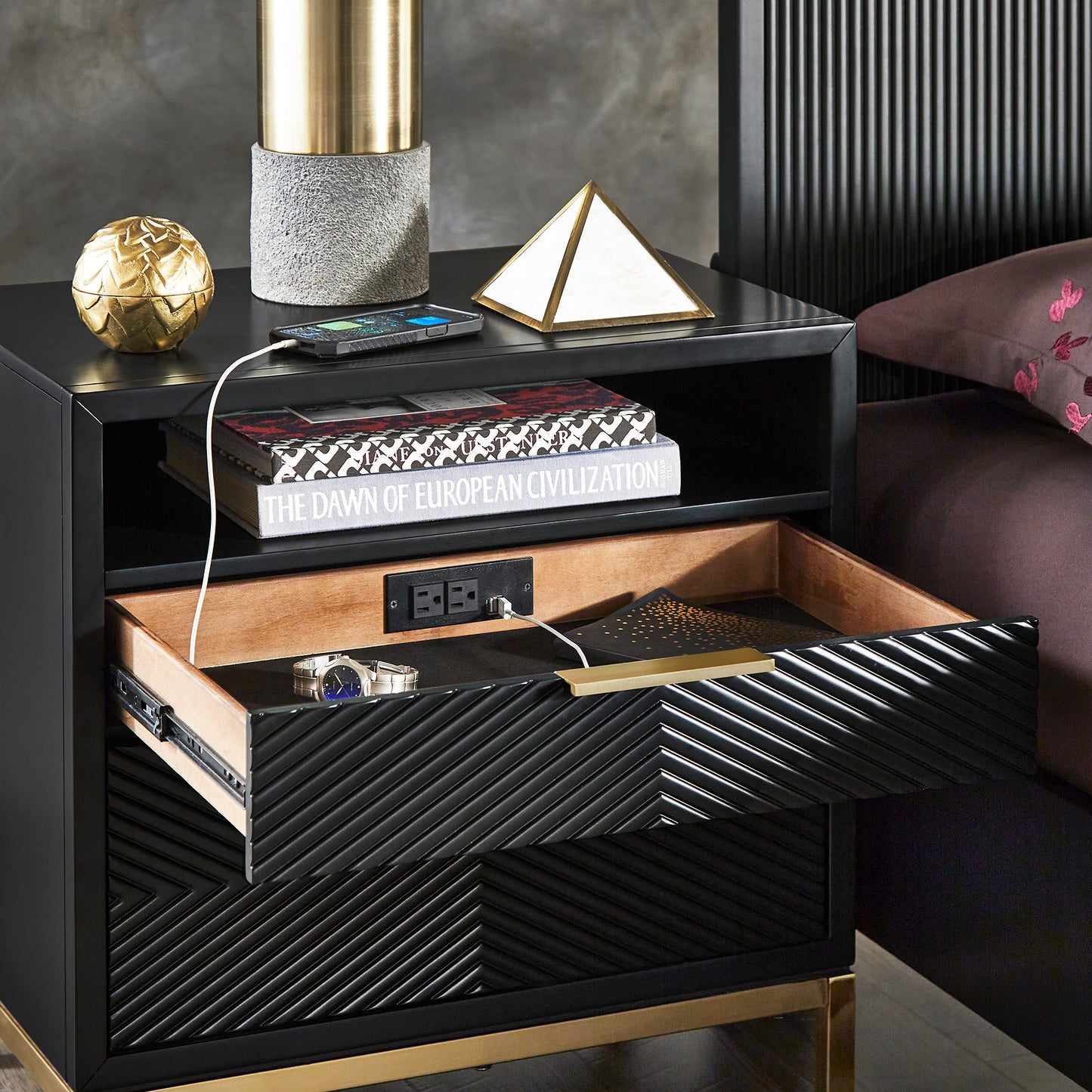 26" Tall 2 - Drawer Nightstand - Black Finish, Gold Accent