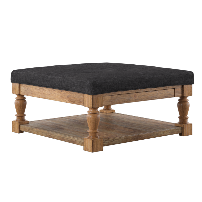 Baluster Pine Tufted Storage Ottoman - Dark Gray Linen, Dimpled Tufts