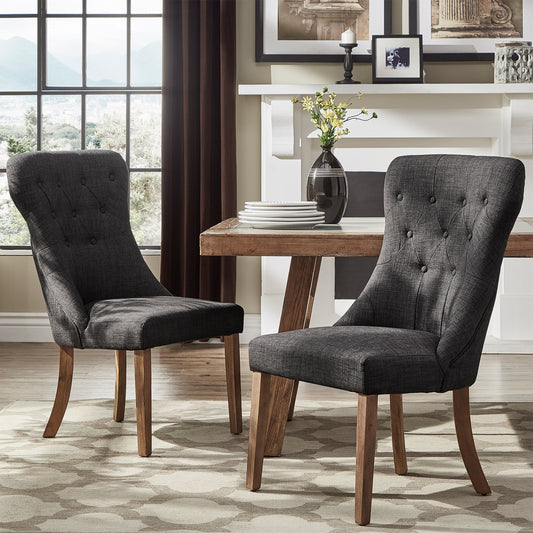 Button Tufted Dining Chairs (Set of 2) - Dark Gray Linen, Natural Finish