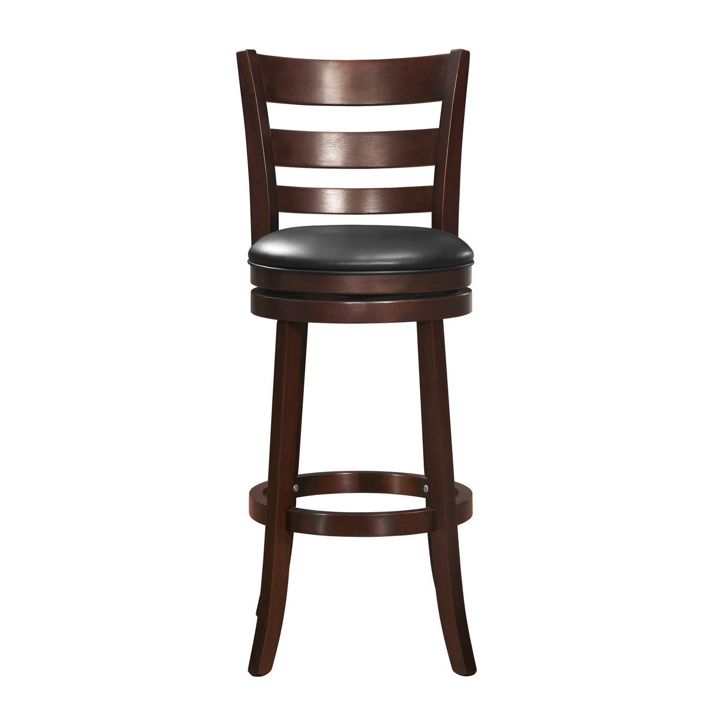 Ladder Back 29"H Swivel Bar Stool - Dark Cherry Finish, Black Faux Leather