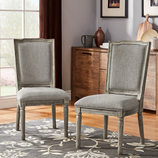 Ornate Linen and Wood Dining Chairs (Set of 2) - Gray Linen, Antique Gray Oak Finish