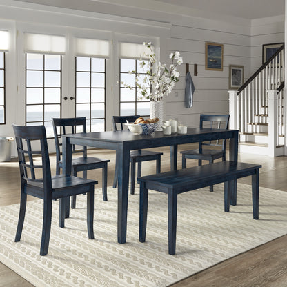 60-inch Rectangular Antique Dark Denim Dining Set - Window Back Chairs, 6-Piece Set