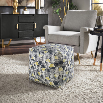 Upholstered Square Pouf Ottoman - Multicolored Diamond Pattern Fabric