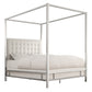 Metal Canopy Bed with Upholstered Headboard - Off-White Linen, Chrome Finish, King Size