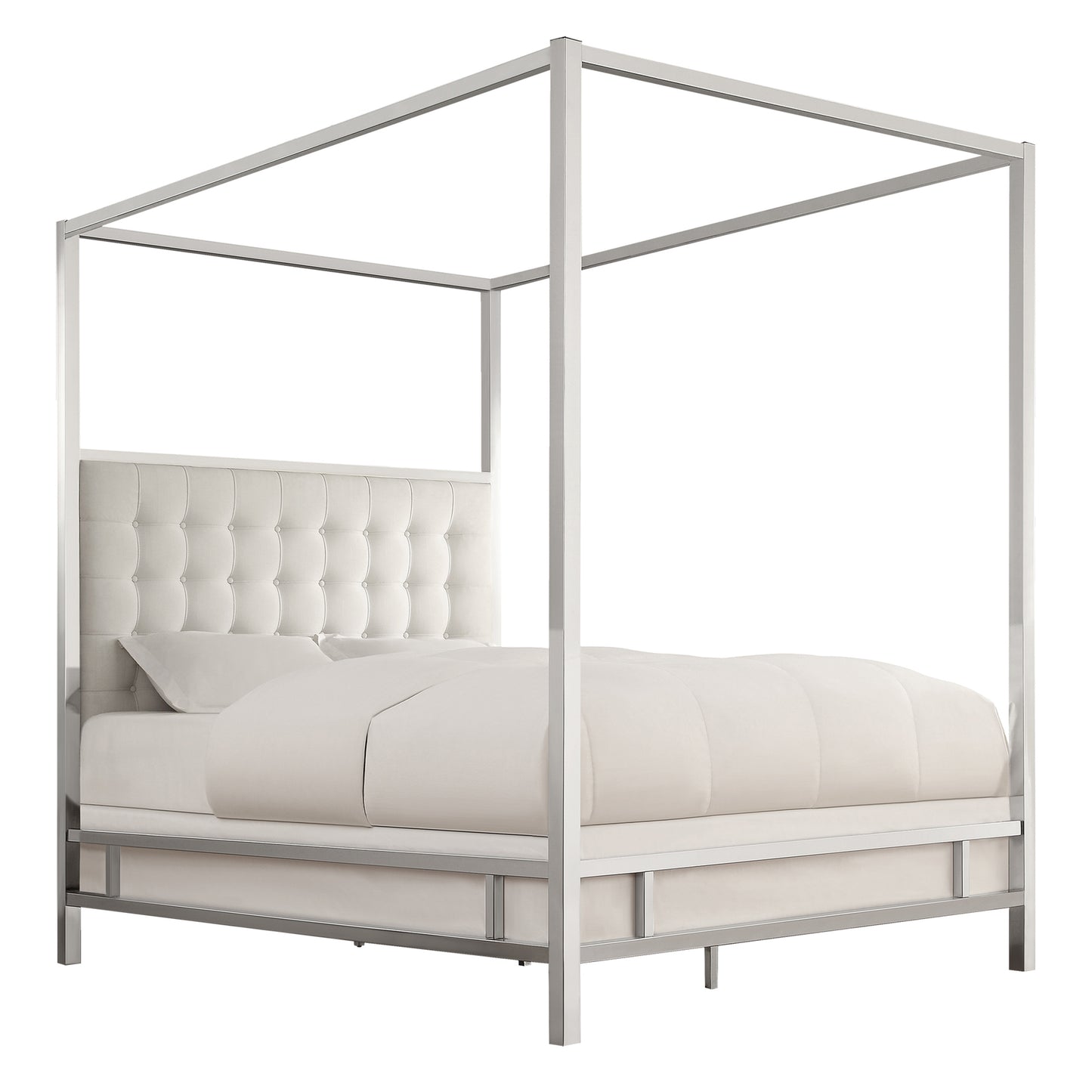 Metal Canopy Bed with Upholstered Headboard - Off-White Linen, Chrome Finish, King Size