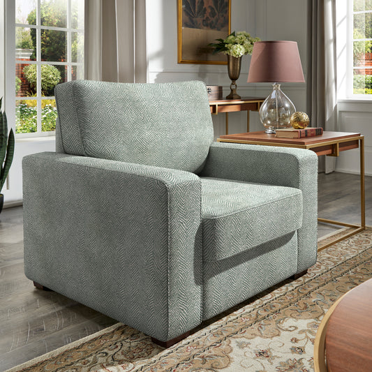 Modern Fabric Upholstered Square Arm Sofa - Living Room Chair, Moss Green and White Herringbone Pattern Fabric