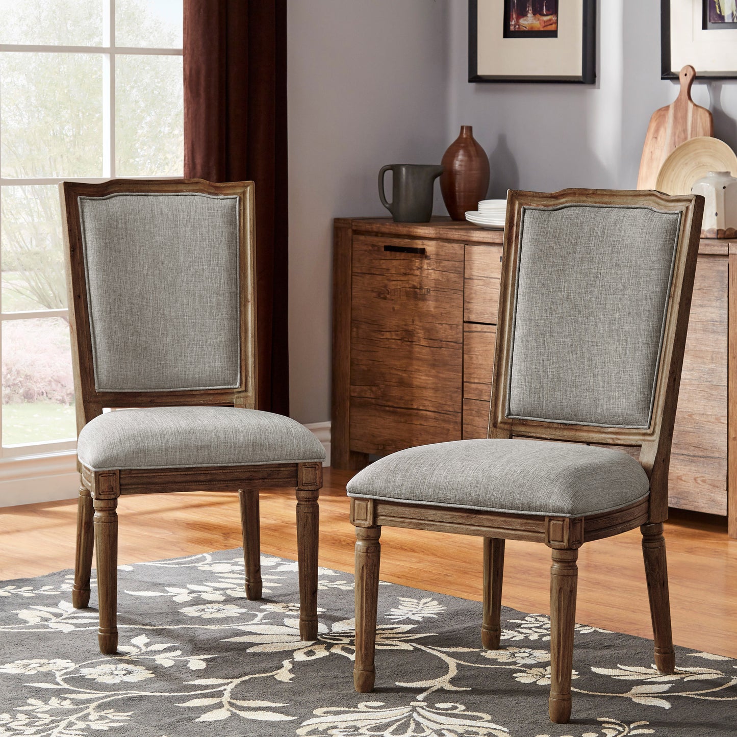 Ornate Linen and Wood Dining Chairs (Set of 2) - Gray Linen, Brown Finish