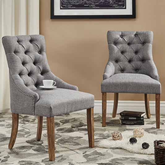 Linen Button Tufted Curved Back Dining Chairs (Set of 2) - Gray Linen