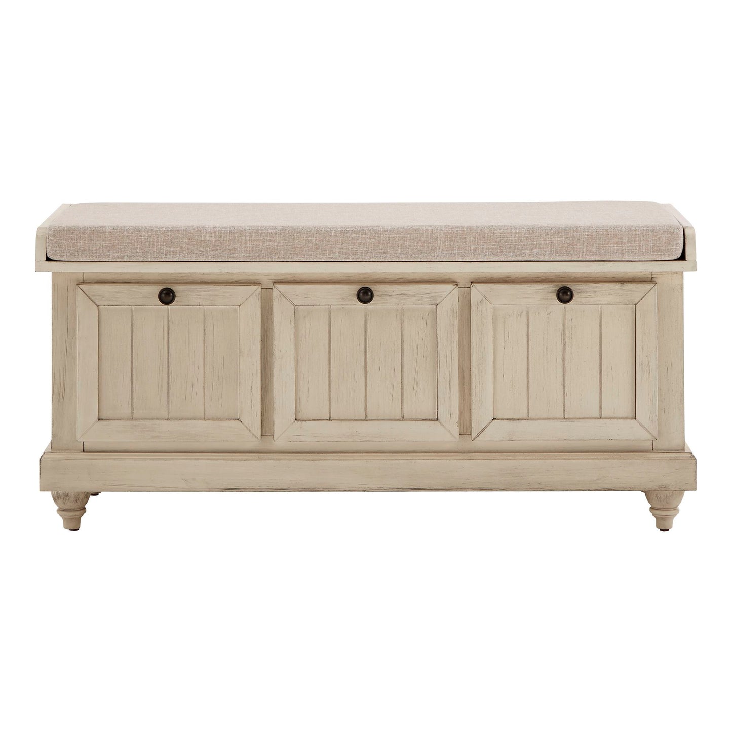 Storage Bench with Linen Seat Cushion - Antique White Finish