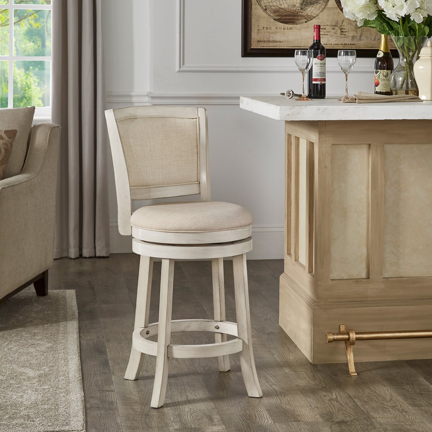 Upholstered Back Swivel Stool - 24" Counter Height, Antique White Finish, Beige Linen