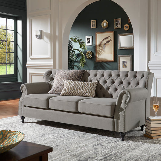 Gray Fabric Button Tufted Sofa with Nailhead Trim