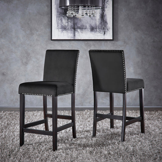 Nailhead Velvet Upholstered Chairs (Set of 2) - 24" Counter Height, Black