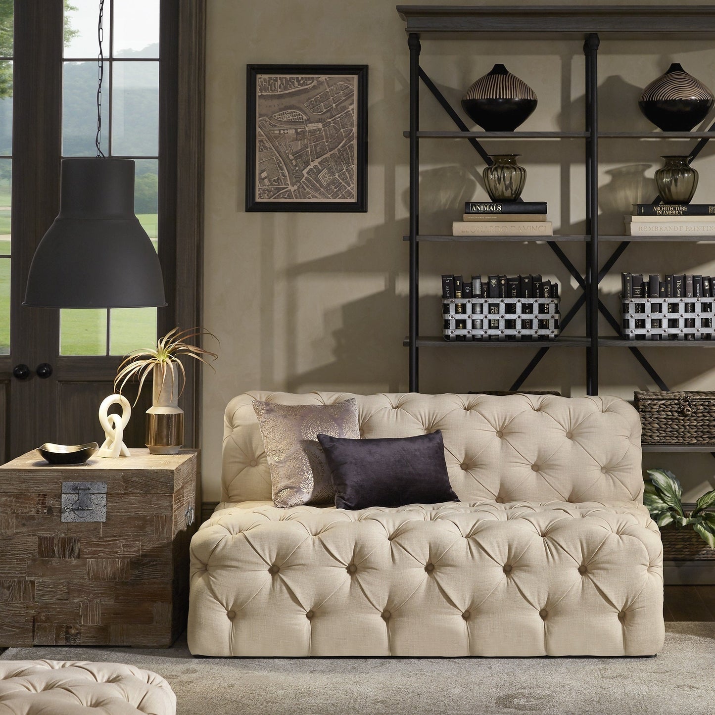 Beige Linen Tufted Chesterfield Modular Sectional - 7-Seat, U-Shaped, Right Arm Chaise Sectional