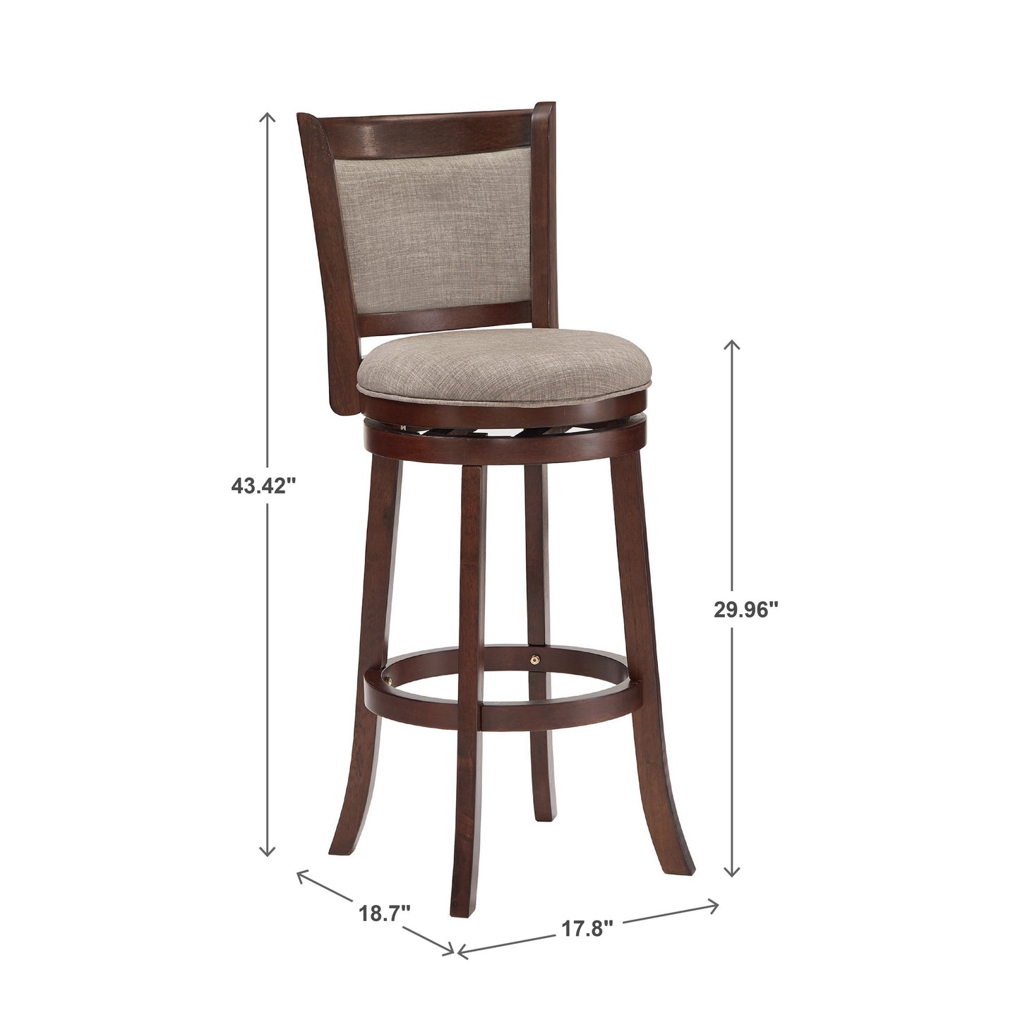 Upholstered Back Swivel Stool - 29" Bar Height, Cherry Finish, Gray Linen