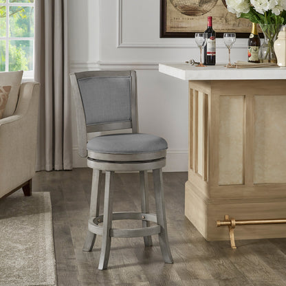 Upholstered Back Swivel Stool - 24" Counter Height, Antique Gray Finish, Gray Linen