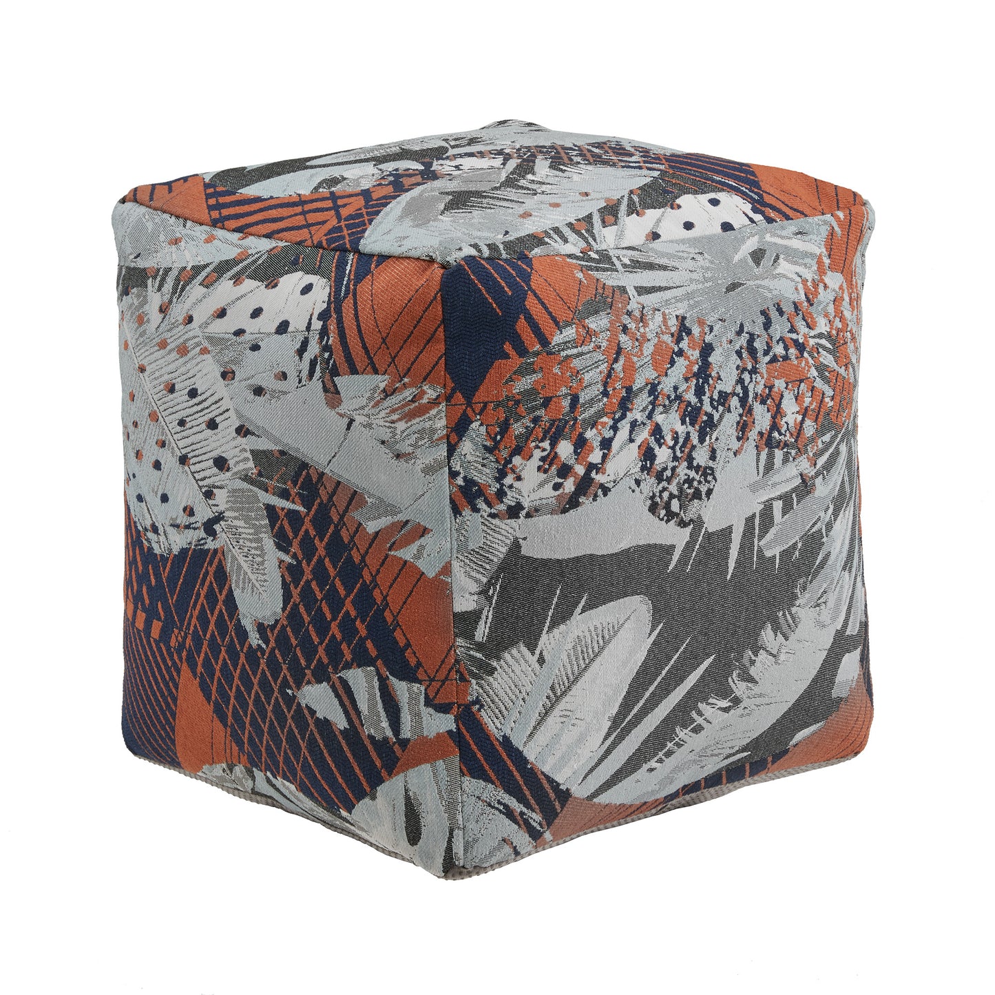 Upholstered Square Pouf Ottoman - Multicolored Abstract Pattern Fabric