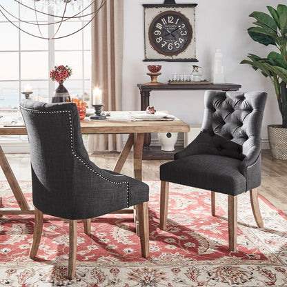 Linen Button Tufted Curved Back Dining Chairs (Set of 2) - Dark Gray Linen