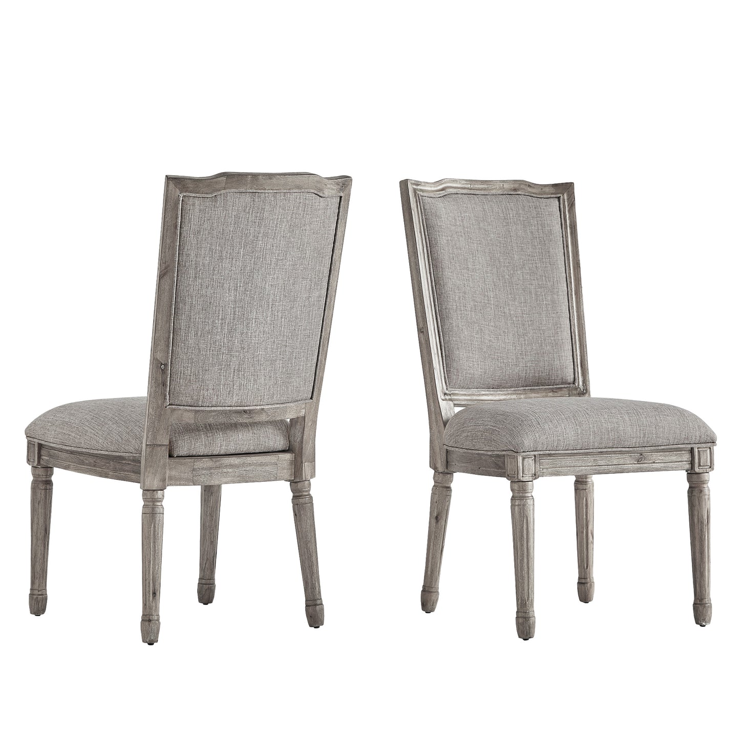 Ornate Linen and Wood Dining Chairs (Set of 2) - Gray Linen, Antique Gray Oak Finish