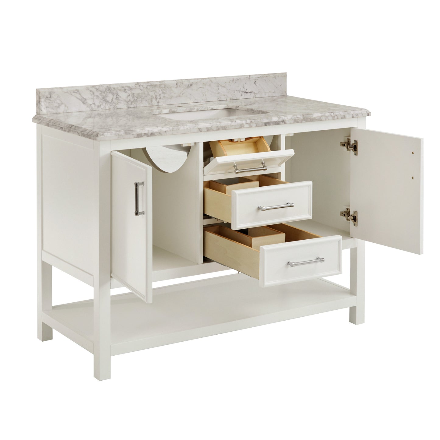 Bathroom Sink Vanity with White Marble Veneer Stone Top - 48", Single Sink, White with Chrome Finish Hardware