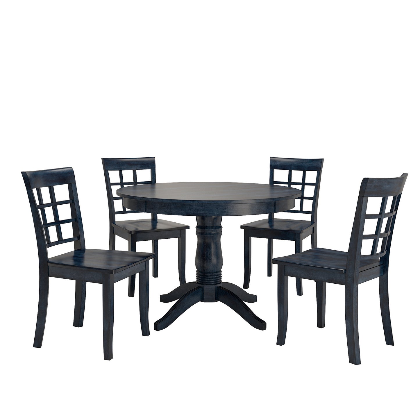 Round Pedestal Base 5-Piece Dining Set - Antique Denim Finish, Window Back