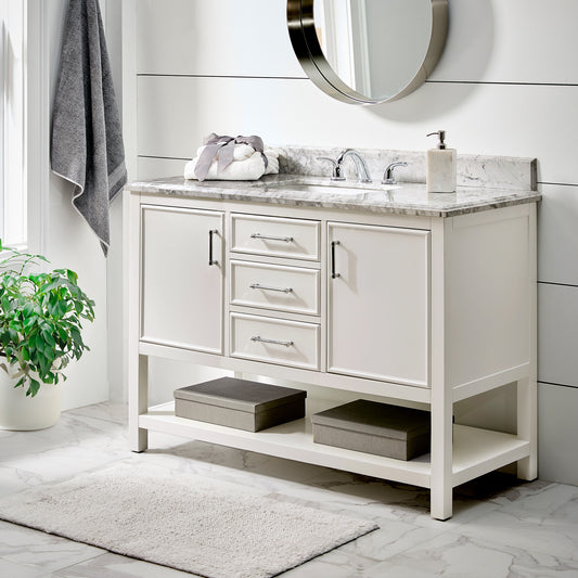 Bathroom Sink Vanity with White Marble Veneer Stone Top - 48", Single Sink, White with Chrome Finish Hardware