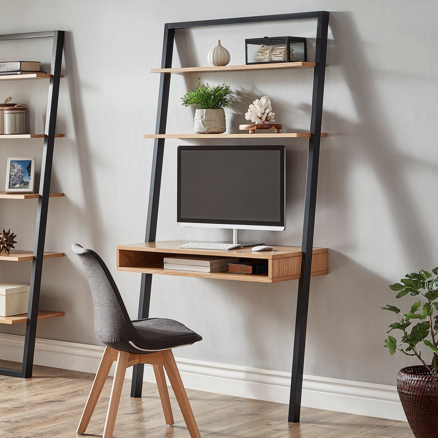 Two-Tone Leaning Ladder Desk - Black and Oak Finish