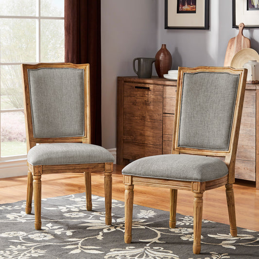 Ornate Linen and Wood Dining Chairs (Set of 2) - Gray Linen, Natural Finish