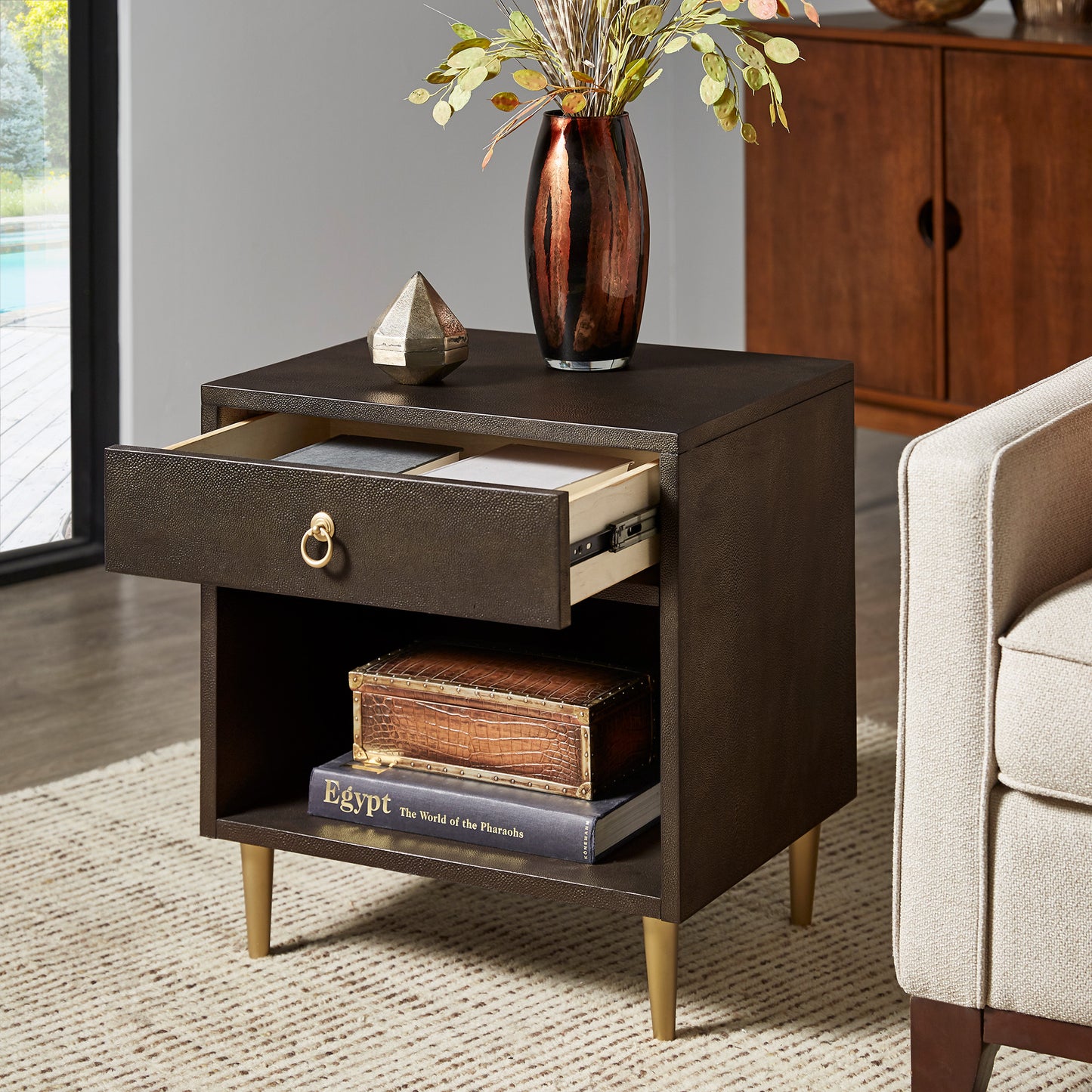 Gold Finish Metal Dark Brown Faux Shagreen 1-drawer Side Table