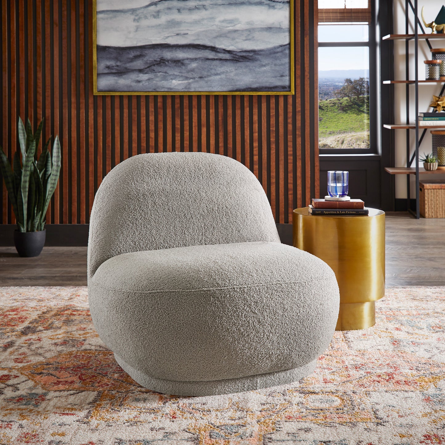 Modern Boucle Lounge Chair with Rounded Design and Lumbar Pillow - Light Gray Chair with Light Gray Pillow