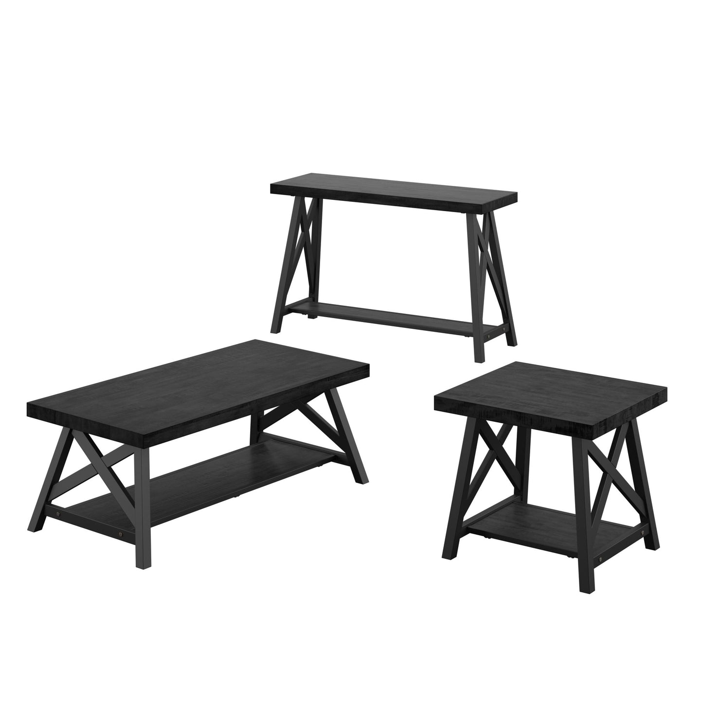 Rustic X-Base Accent Tables - Black Finish, End Table, Coffee Table, and Sofa Table Set