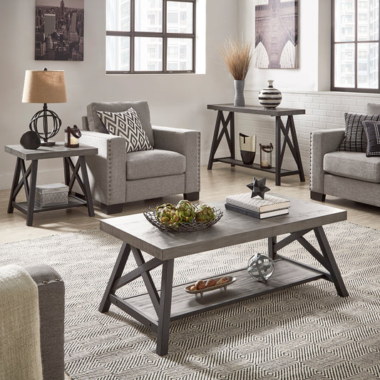 Rustic X-Base Accent Tables - Gray Finish, End Table, Coffee Table, and Sofa Table Set