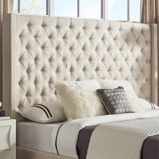 Wingback Button Tufted Linen Fabric Headboard - Beige, 65-inch Height, King Size