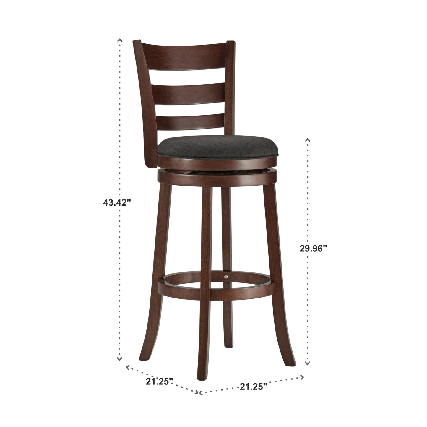 Ladder Back 29"H Swivel Bar Stool - Dark Cherry Finish, Dark Gray Linen