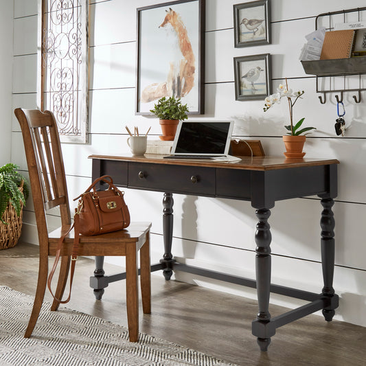 Antique 1-Drawer Desk with Charging Station - Oak Finish, Antique Black