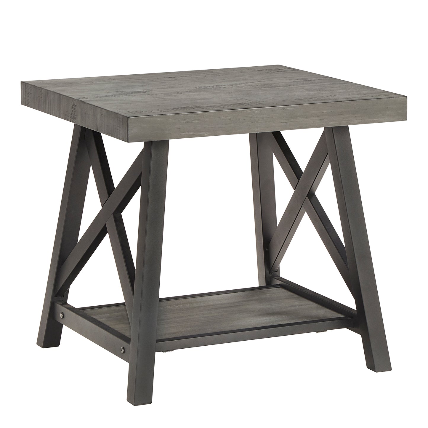 Rustic X-Base End Table with Shelf - Gray Finish