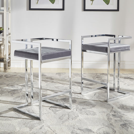 Velvet Upholstered Chrome Metal Counter Height Stools (Set of 2) - Chrome Finish, Blue Steel Velvet