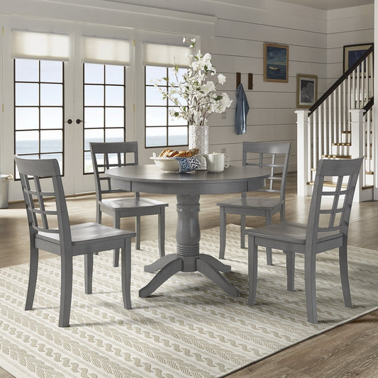 Round Pedestal Base 5-Piece Dining Set - Antiqua Gray Finish, Window Back