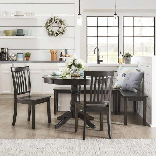 Wood 5-Piece Breakfast Nook Set - Antique Black Finish, Mission Back, Round Table